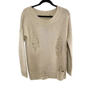 Corson Tan Ripped Distressed Destroyed Scoop Neck Knit Sweater Women's Medium